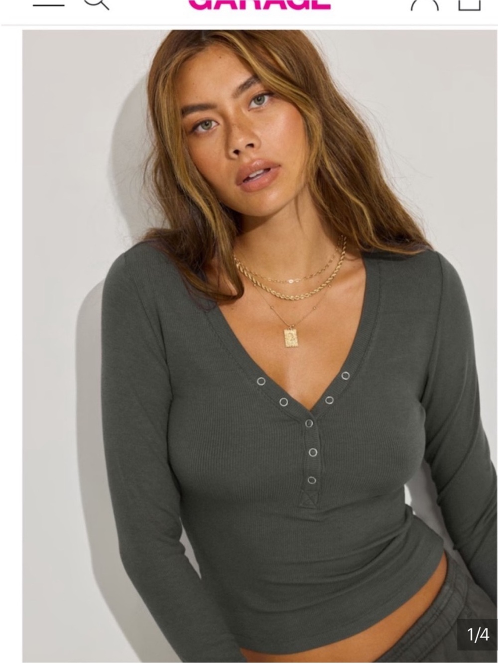 Garage Long Sleeve Henley Crop Top - Dark Gray size small